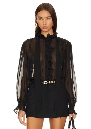 FRAME Ruffle Front Button Up Shirt in Black. Size S, XS.