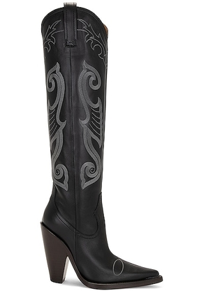 Moschino Jeans Knee High Boot in Fantasy Print Black - Black. Size 36.5 (also in 36, 37.5, 39.5).