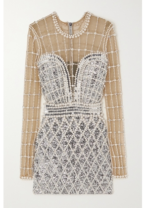Balmain - Embellished Sequined Tulle Mini Dress - Silver - FR38