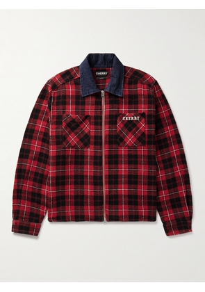 Cherry Los Angeles - Chambray-Trimmed Logo-Embroidered Checked Cotton-Flannel Shirt Jacket - Men - Red - S