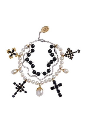 Yellow and white gold family bracelet with cblack sapphire, pearl and black jade beads