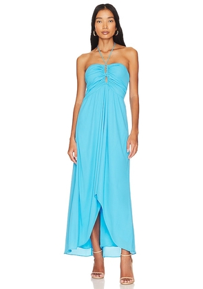krisa Ruched Keyhole Halter Dress in Blue. Size M.
