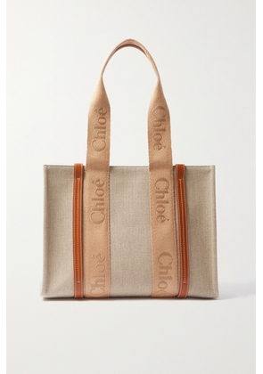 Chloé - Woody Medium Leather And Webbing-trimmed Linen Tote - Neutrals - One size