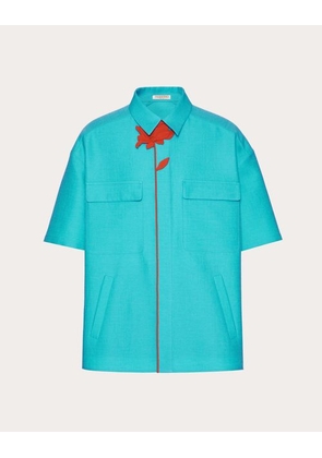 Valentino WOOL AND SILK BOWLING SHIRT WITH FLOWER EMBROIDERY Man TURQUOISE 38