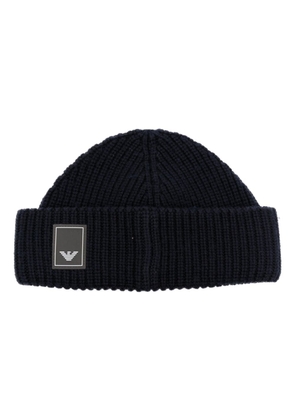 Emporio Armani logo-patch ribbed-knit wool beanie - Blue