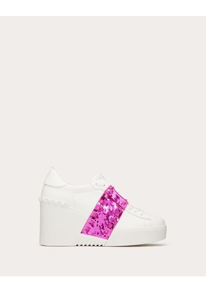 Valentino Garavani OPEN DISC WEDGE TRAINER IN CALFSKIN WITH SEQUIN EMBROIDERY 85MM Woman WHITE/PINK PP 38