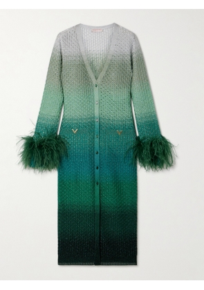 Valentino Garavani - Feather-trimmed Dégradé Metallic Knitted Midi Dress - Green - x small,small,medium,large,x large