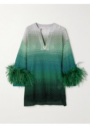 Valentino Garavani - Feather-trimmed Dégradé Metallic Knitted Mini Dress - Green - x small,small,medium,large,x large