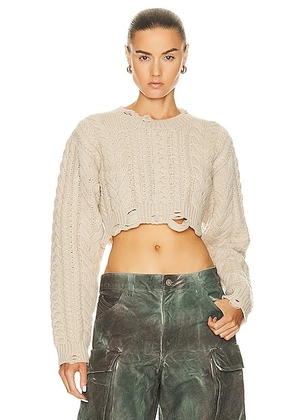 R13 Distressed Cropped Cable Sweater in Oatmeal - Beige. Size S (also in L, M).