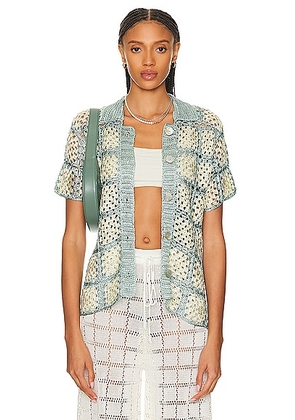 Calle Del Mar Crochet Short Sleeve Patchwork Shirt in Storm & Jasmine - Baby Blue,Cream. Size M (also in L, S).