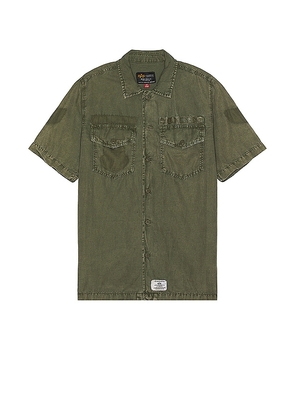 ALPHA INDUSTRIES Short Sleeve Washed Fatigue Shirt Jacket in Olive. Size M, S, XL/1X.