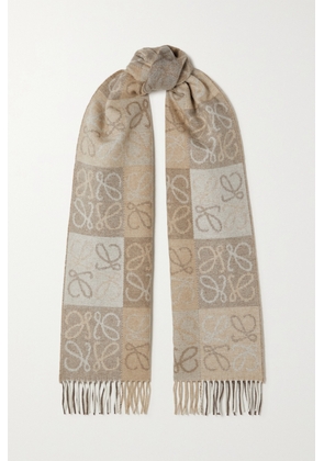 Loewe - Fringed Intarsia Wool And Cashmere-blend Scarf - Neutrals - One size