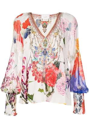 Camilla floral-print shirred-cuff blouse - White