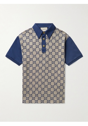 Gucci - Panelled Cotton-Jersey and Logo-Jacquard Silk-Blend Polo Shirt - Men - Blue - XS