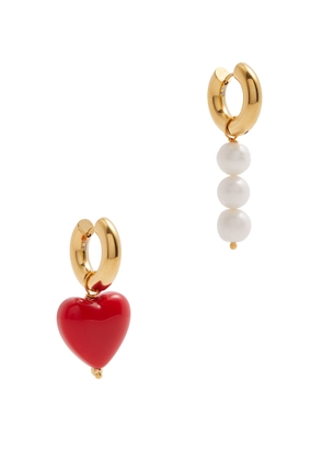 Timeless Pearly Asymmetric 24kt Gold-plated Hoop Earrings - Red