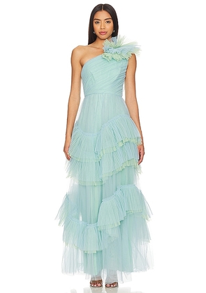 BCBGMAXAZRIA One Shoulder Tulle Gown in Baby Blue. Size 10, 2, 4, 6, 8.