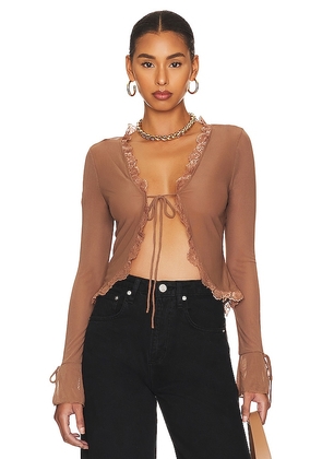 MORE TO COME Kelsea Tie Front Top in Brown. Size XXS.