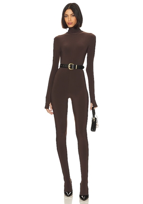 Norma Kamali Slim Fit Turtle Catsuit With Footsie in Chocolate. Size M, S, XL, XS, XXS.