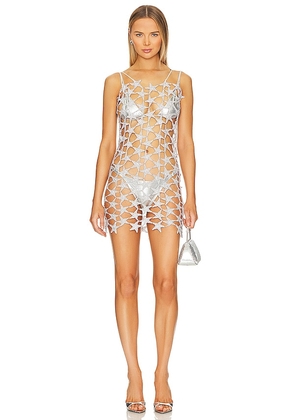 LEJE Etoile Crochet Dress in Metallic Silver. Size L, S.