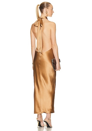 AEXAE Silk Maxi Dress in Light Brown - Metallic Copper. Size L (also in S, XL).