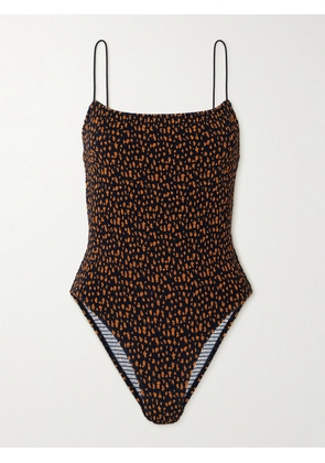 TOTEME - Shirred Printed Stretch Recycled Swimsuit - Brown - x small,small,medium,large,x large