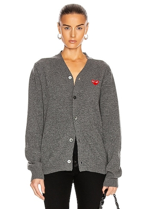 COMME des GARCONS PLAY Lambswool Cardigan with Red Emblem in Medium Grey - Gray. Size XL/1X (also in L).