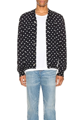 COMME des GARCONS PLAY Dot Print Wool Cardigan with Black Emblem in Navy & Natural - Blue,Polka Dots. Size L (also in M, XL).