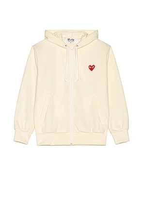 COMME des GARCONS PLAY Zip Poly Hoodie with Red Emblem in Ivory - Ivory. Size XL (also in L, M, S).