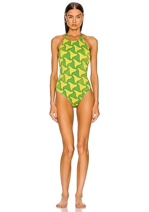 Bottega Veneta Wavy Triangle Crinkle Swimsuit in Parakeet & Kiwi - Green. Size M (also in XL).