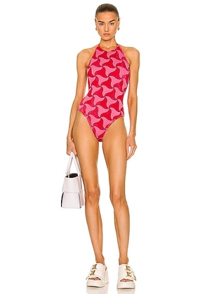 Bottega Veneta Wavy Triangle Crinkle Swimsuit in Pink & Scarlet - Red. Size M (also in S).