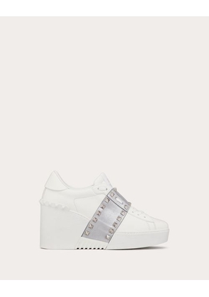 Valentino Garavani OPEN DISCO WEDGE TRAINER IN CALFSKIN WITH METALLIC BAND AND MATCHING STUDS 85MM Woman WHITE/SILVER 37