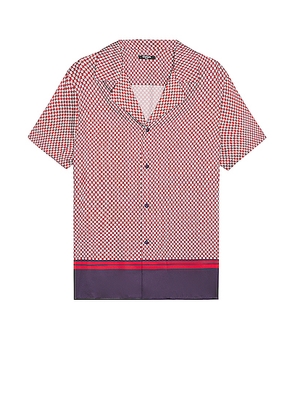BALMAIN Short Sleeve All Over Mini Monogram Shirt in Blanc  Marine  & Rouge - Red. Size 38 (also in 40).