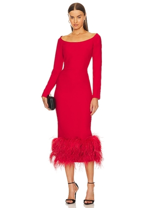 RASARIO Feather Midi Dress in Red. Size 38/6, 40/8.