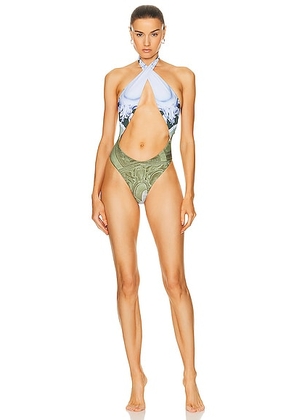 Miaou Demi One Piece Swimsuit in Emblem Print - White. Size S (also in XS).