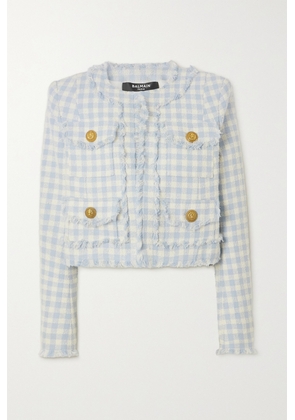 Balmain - Cropped Frayed Checked Cotton-blend Bouclé-tweed Jacket - Blue - FR34,FR36,FR38,FR40,FR42,FR44,FR46