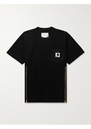 Sacai - Carhartt WIP Zip-Detailed Logo-Appliquéd Canvas-Trimmed Cotton-Jersey T-Shirt - Men - Black - 3