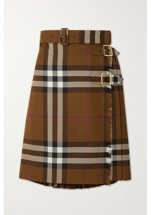 Burberry - Belted Frayed Checked Wool Skirt - Brown - UK 4,UK 6,UK 8,UK 10,UK 12,UK 14