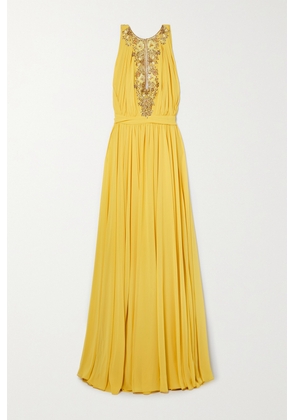 Reem Acra - Embellished Embroidered Tulle-trimmed Gathered Chiffon Gown - Yellow - US6,US8,US10,US12