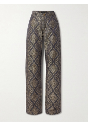 Etro - Metallic Cotton And Linen-blend Brocade Straight-leg Pants - Blue - 26,27,28,29,30,31,32,33