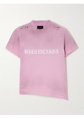Balenciaga - Cropped Distressed Logo-print Stretch-cotton Jersey T-shirt - Pink - XS,S,M,L
