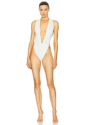 Saint Laurent Plunge One Piece Swimsuit in Blanc Creme - White. Size L (also in M, XS).