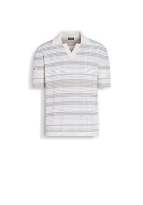 White and Dark Taupe Cotton and Silk Blend Polo Shirt