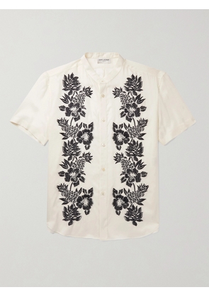 SAINT LAURENT - Grandad-Collar Embroidered Voile Shirt - Men - White - EU 38