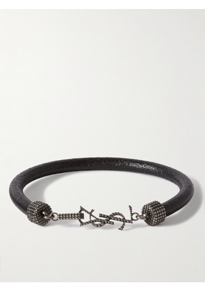 SAINT LAURENT - Textured-Leather and Silver-Tone Bracelet - Men - Black - L