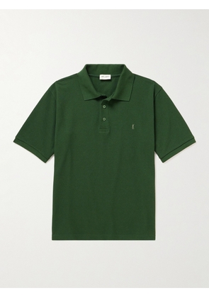SAINT LAURENT - Logo-Embroidered Cotton-Blend Piqué Polo Shirt - Men - Green - XS