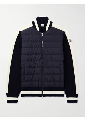 Moncler - Slim-Fit Logo-Appliquéd Striped Ribbed Cotton and Quilted Shell Down Cardigan - Men - Blue - S