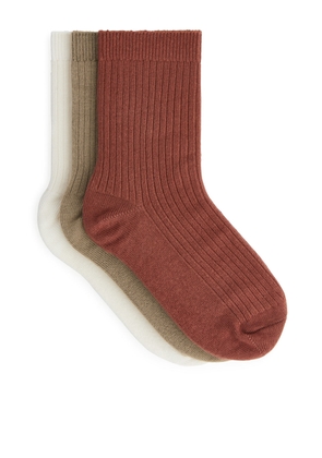Rib Knit Socks, 3 Pairs - Beige