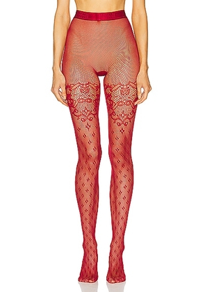 Wolford Fleur Net Tights in Soft Cherry - Red. Size L (also in M, S, XS).