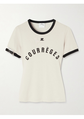 COURREGES - Buckle-embellished Faux Leather-trimmed Printed Cotton-jersey T-shirt - White - x small,small,medium,large,x large