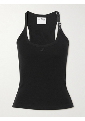 COURREGES - Buckle-embellished Faux Leather-trimmed Ribbed Cotton-blend Tank - Black - x small,small,medium,large,x large,xx large